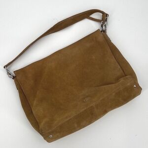 Tan Suede Shoulder Bag Silver Hardware Minimalist Zip Top Hobo Handbag Brown